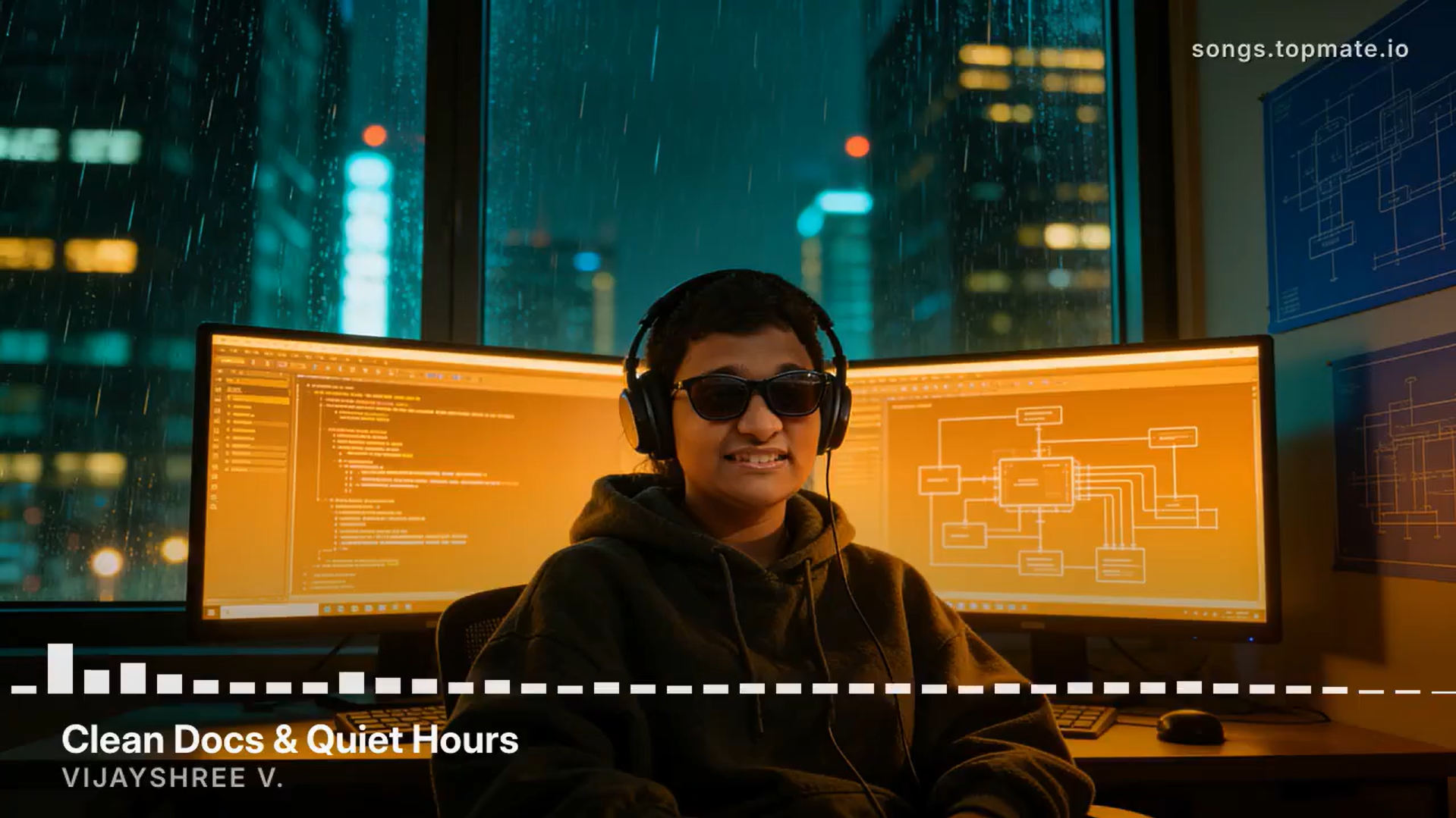 Clean Docs & Quiet Hours artwork: Vijayshree at an illuminated engineering workstation